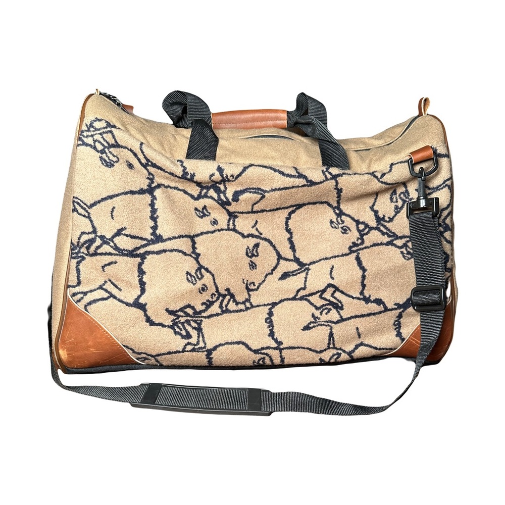 Pendleton Tan Buffalo Check Duffel Bag Wool Leather Weekender Travel Luggage - Picture 2 of 4